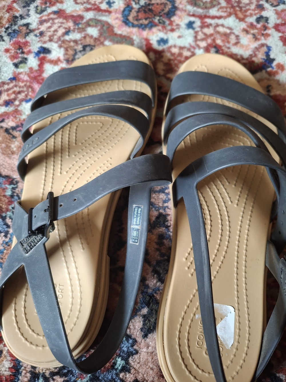 CROCS Women's Black Multi-Strap Sandal with Tan Footbed - Picture 3 of 4